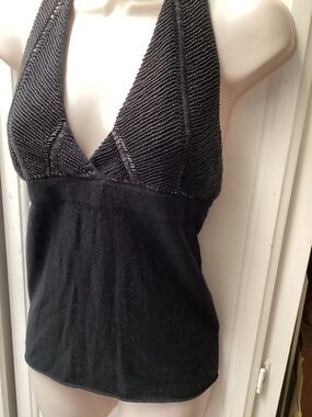 J. Crew Black Beaded 100% Cashmere embellished halter top like new size small